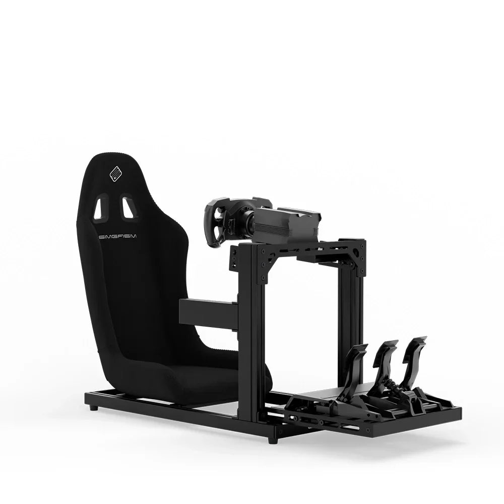 SIMGASM Hobby black aluminium sim racing cockpit, shown in a sample simulator setup