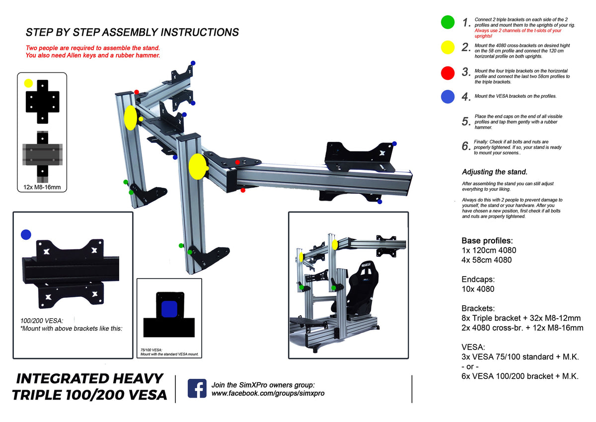 SimXPro Integrated Triple Screen Setup Heavy - VESA 75-100-200 - Black