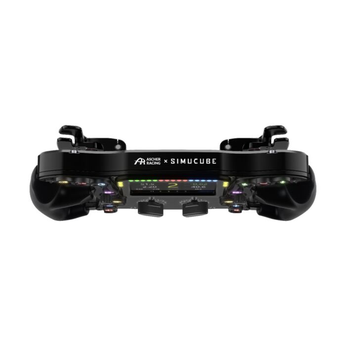 Lower profile view of the Ascher Racing x Simucube Ultimate wheel showing its paddles