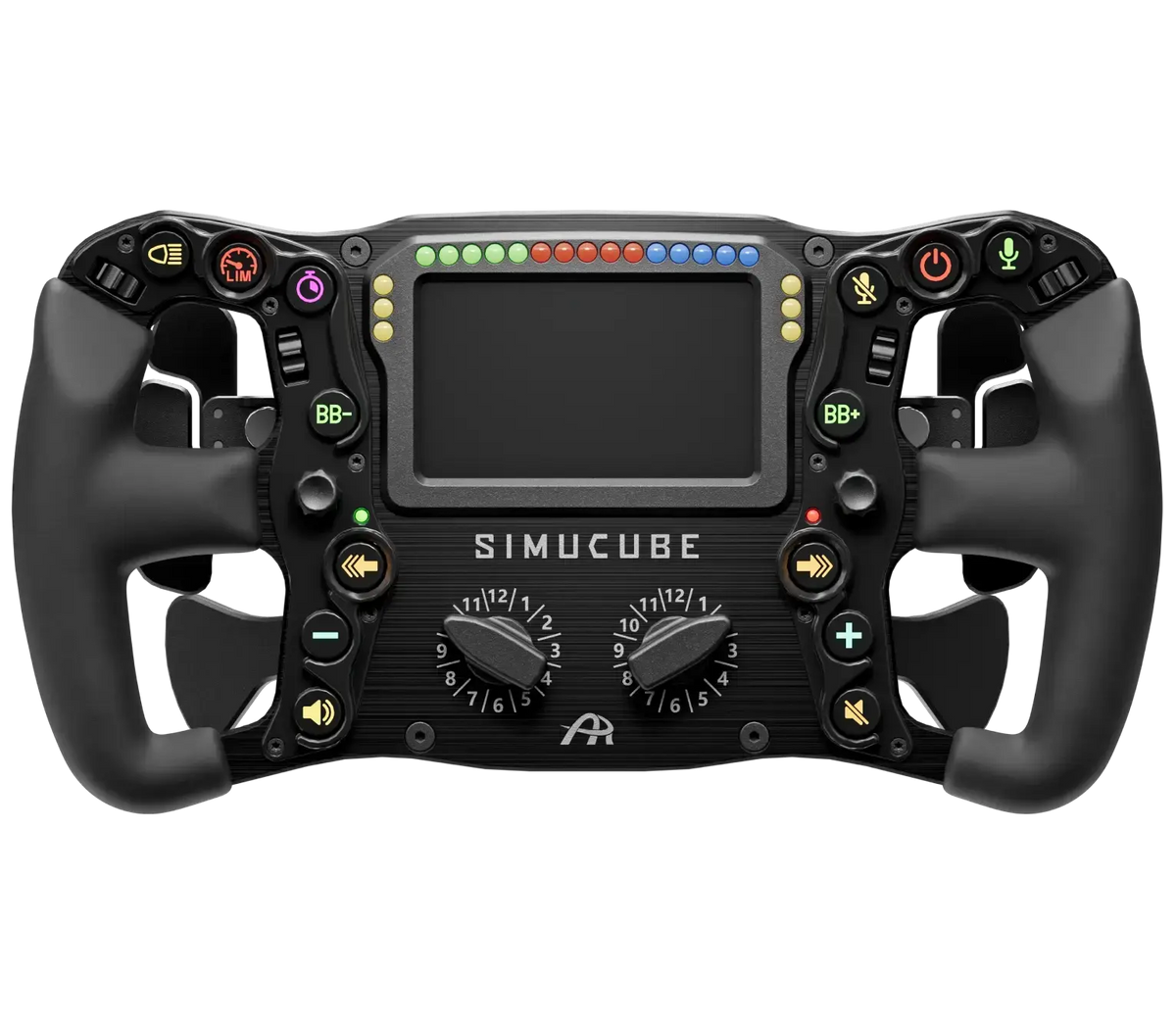 Straight front view of the Ascher Racing x Simucube Ultimate steering wheel and display