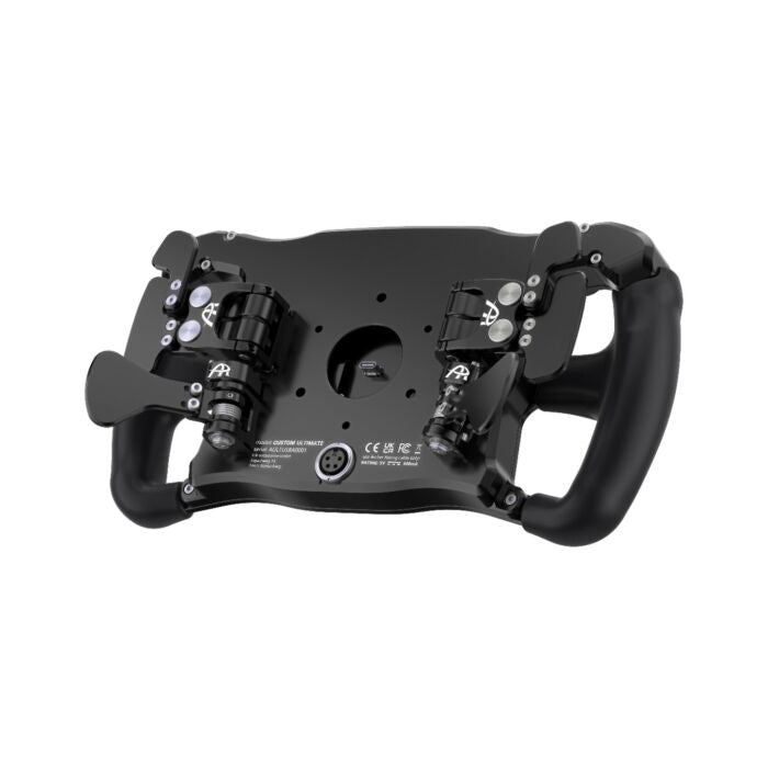 Rear view of the Ascher Racing x Simucube Ultimate steering wheel and control hardware