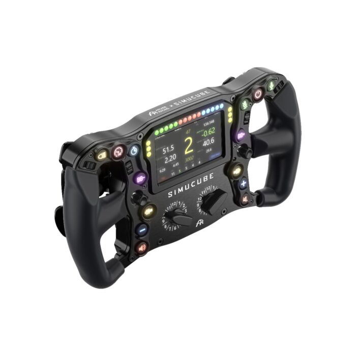 Front-left three-quarter view of the Ascher Racing x Simucube Ultimate wheel