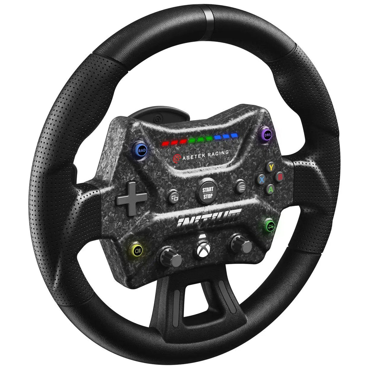 Asetek SimSports Initium Steering Wheel (Xbox), angled front view showing Xbox buttons and rotary controls