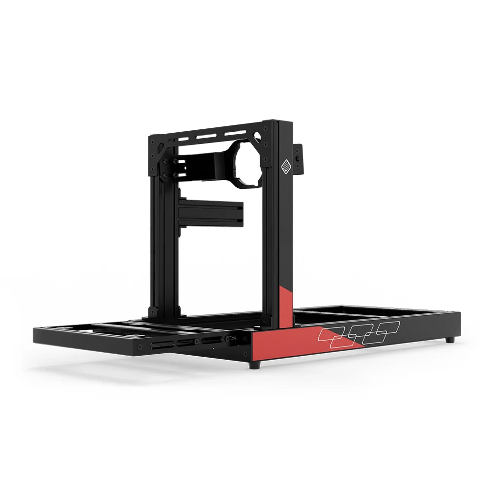 SIMGASM Club C80 Aichi Works aluminum cockpit in black and red with Asetek front wheel mount, low front three-quarter view.