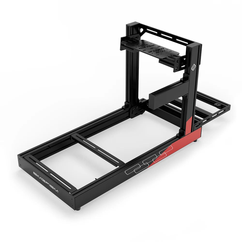 SIMGASM Club C80 Aichi Works aluminum cockpit in black and red with bottom wheel mount, elevated rear three-quarter view.