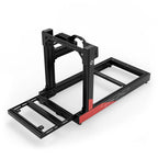 SIMGASM Club C80 Aichi Works aluminum cockpit in black and red with front wheel mount, elevated front three-quarter view.
