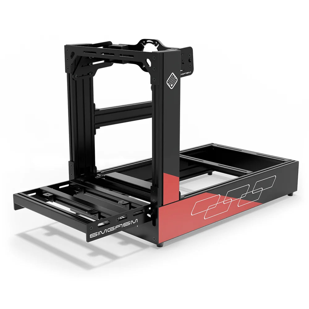 SIMGASM Pro C160 Aichi Works aluminum cockpit in black and red with front wheel mount, elevated front three-quarter view.