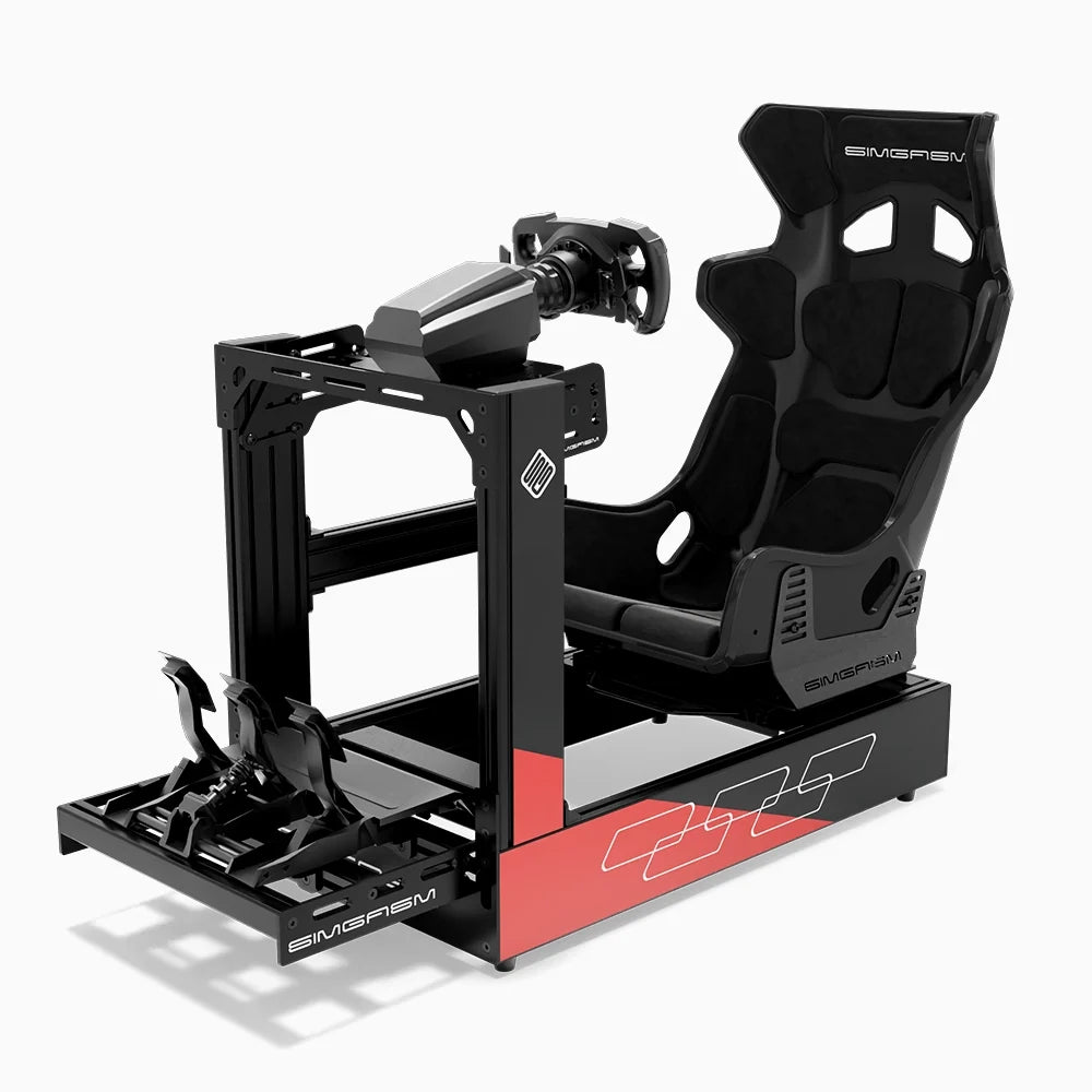 SIMGASM Pro C160 Aichi Works cockpit with black bucket seat, MOZA steering wheel and pedals, elevated front three-quarter view.