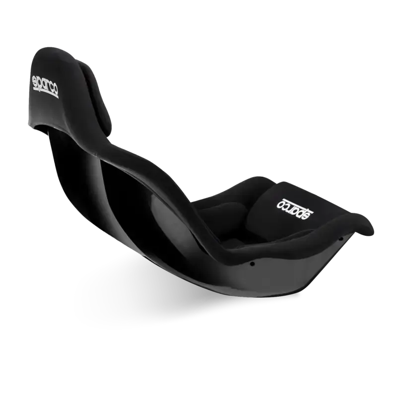 Sparco GP Gaming race chair, front-side studio view of the low black shell and padded interior