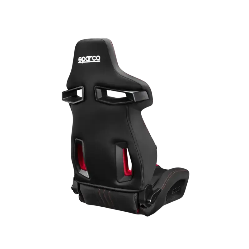 Sparco R333 race seat, rear three-quarter view showing the black seat shell and belt slots