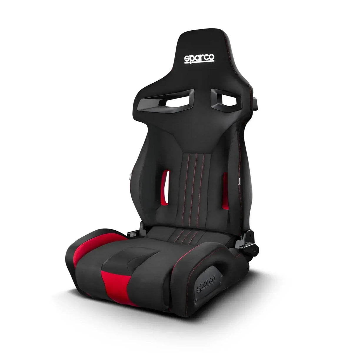 Sparco R333 race seat, front three-quarter view of black upholstery with red side accents